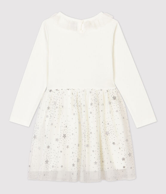 Langärmeliges Kinderkleid aus Baumwolle und Tüll für Mädchen weiss MARSHMALLOW/grau ARGENT